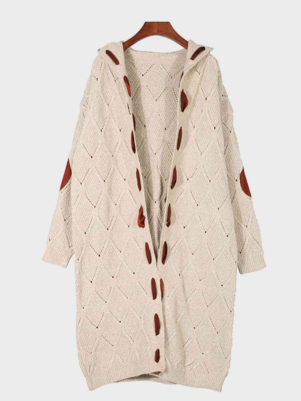 BazaarBey Openwork Long Sleeve Open Front Hooded Cardigan Bazaarbey