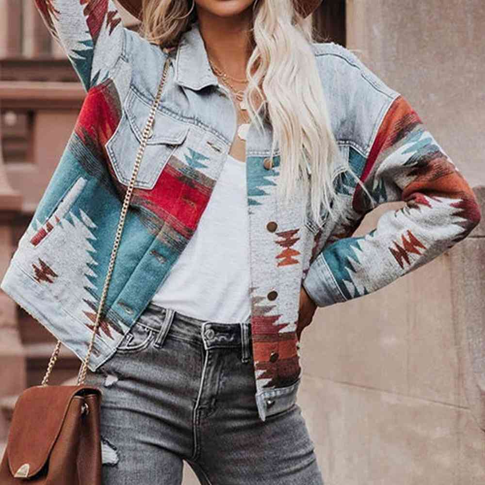 Printed Button Down Denim Shacket Bazaarbey