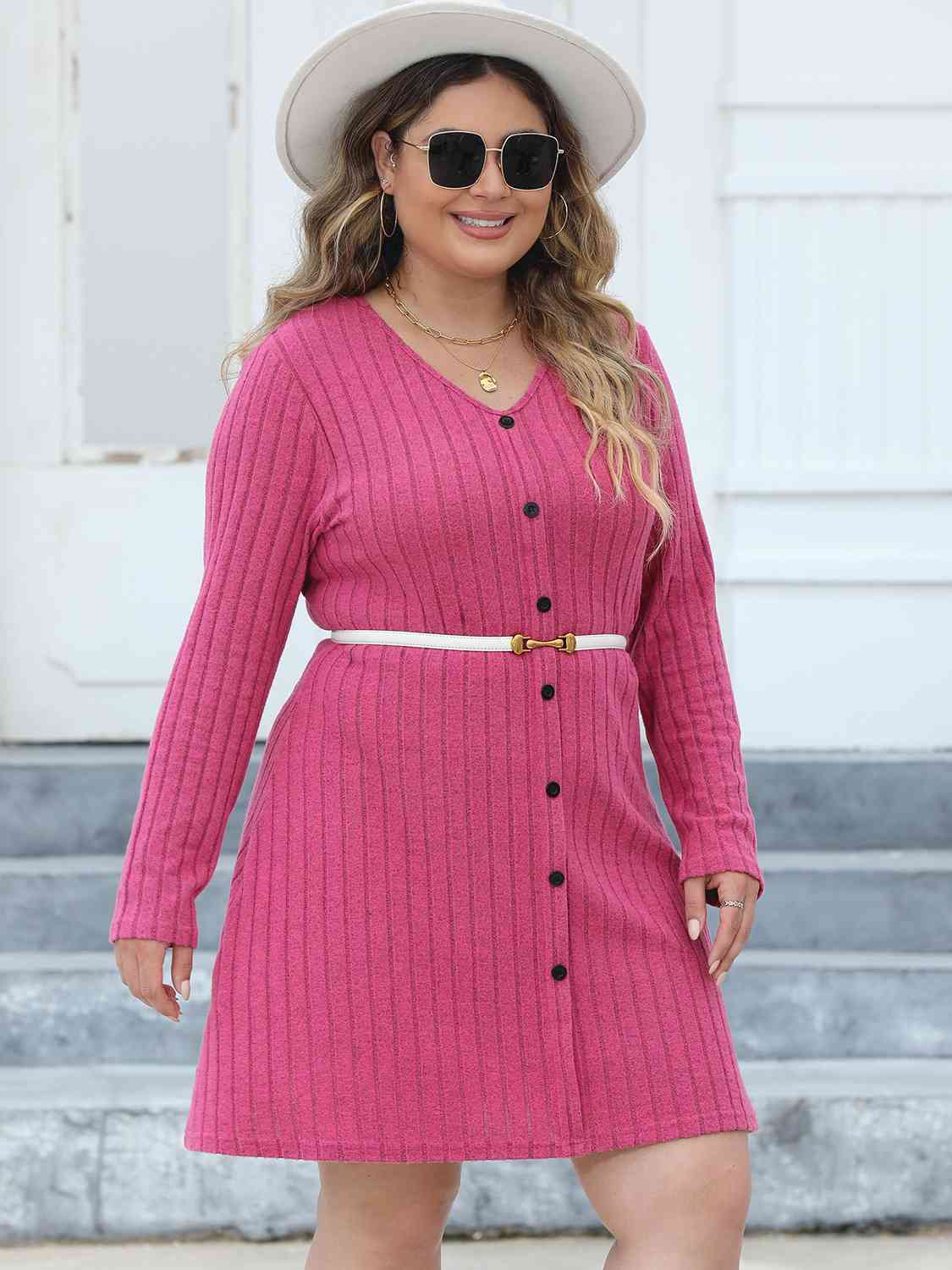 Plus Size Ribbed Buttoned V-Neck Long Sleeve Dress -BazaarBey - www.shopbazaarbey.com
