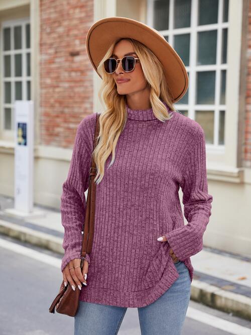 Ribbed Turtleneck Long Sleeve Slit Knit Top Bazaarbey