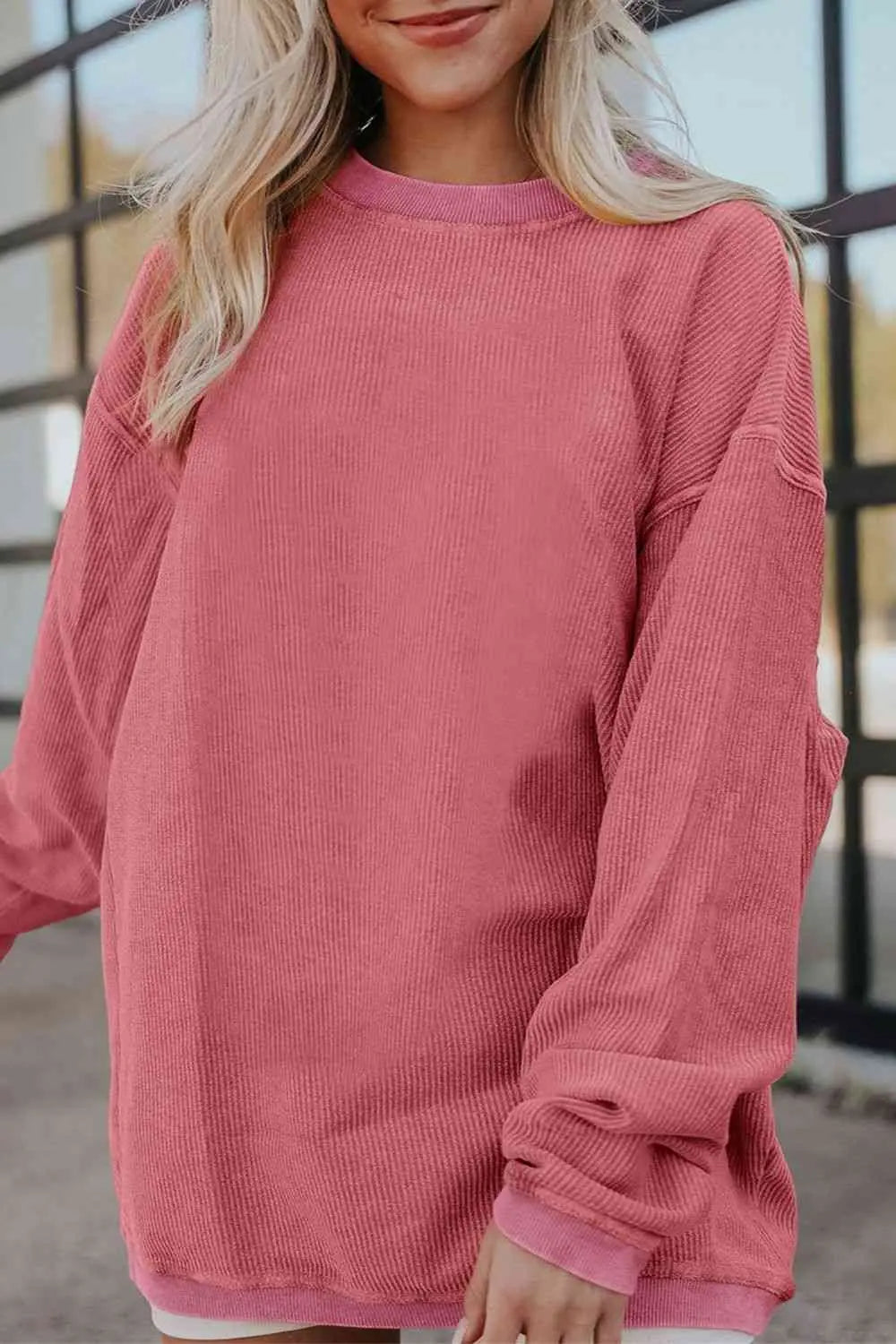 Ribbed Round Neck Drop Shoulder Sweatshirt Bazaarbey