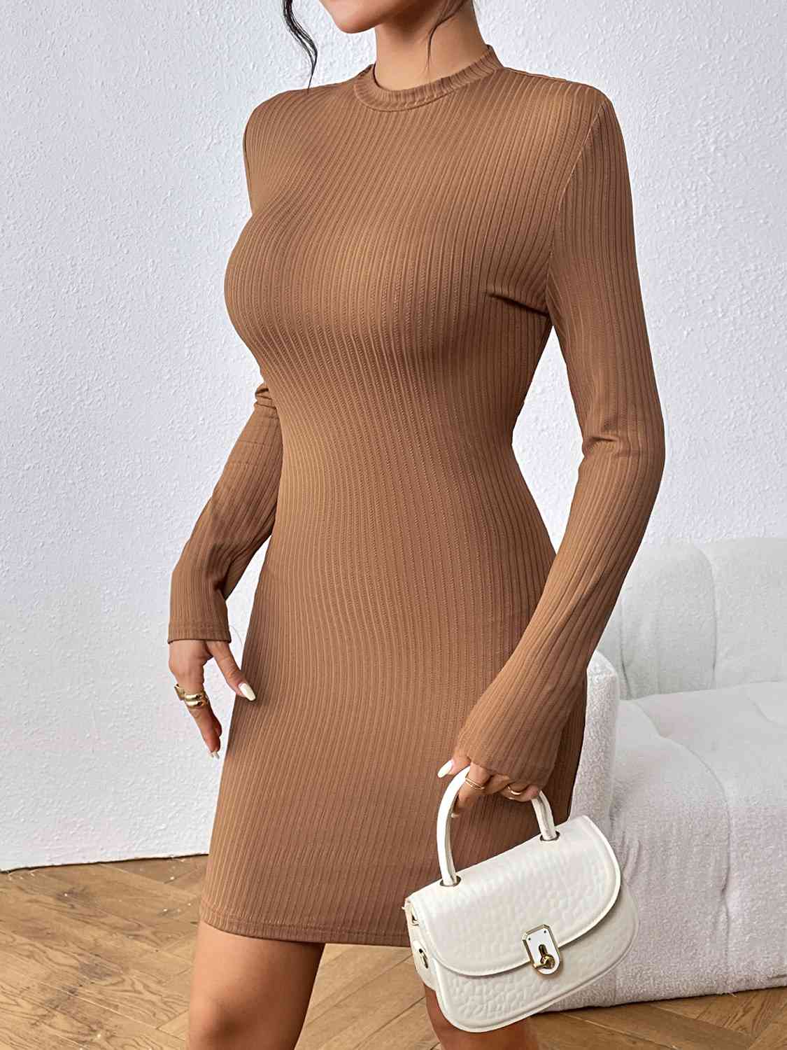 Long Sleeve Ribbed Mini Dress -BazaarBey - www.shopbazaarbey.com