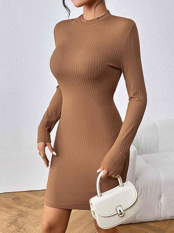 Long Sleeve Ribbed Mini Dress -BazaarBey - www.shopbazaarbey.com