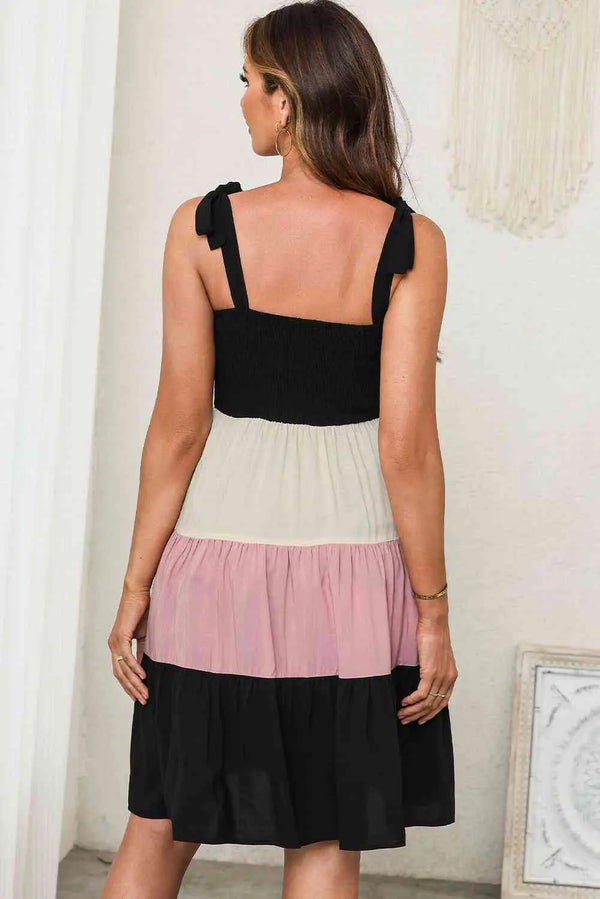 Color Block Tie Shoulder Tiered Dress -BazaarBey - www.shopbazaarbey.com