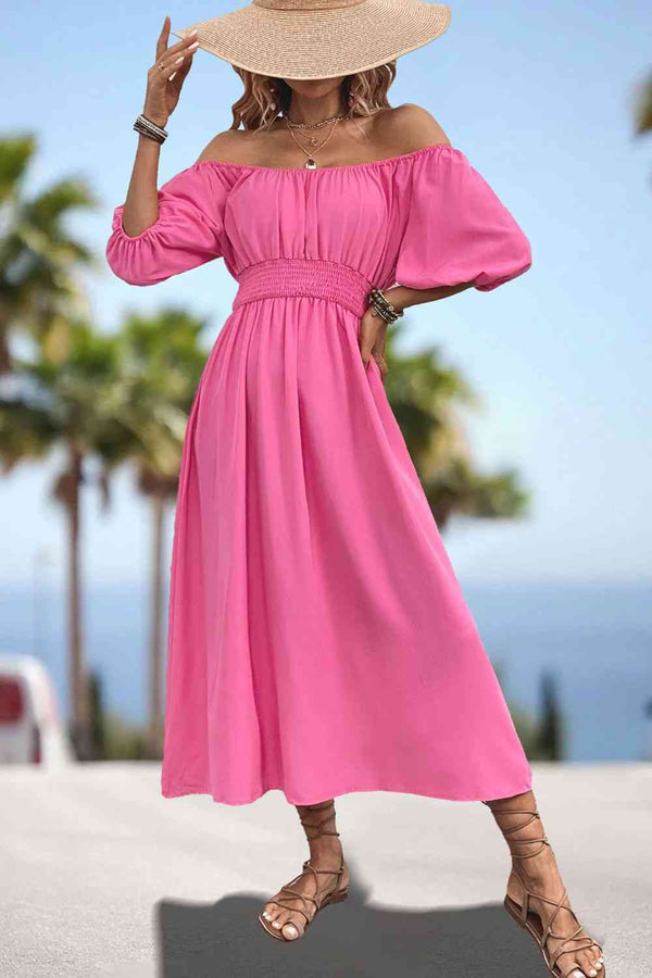 Square Neck Smocked Waist Puff Sleeve Midi Dress -BazaarBey - www.shopbazaarbey.com