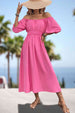 Square Neck Smocked Waist Puff Sleeve Midi Dress -BazaarBey - www.shopbazaarbey.com