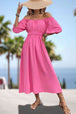 Square Neck Smocked Waist Puff Sleeve Midi Dress -BazaarBey - www.shopbazaarbey.com