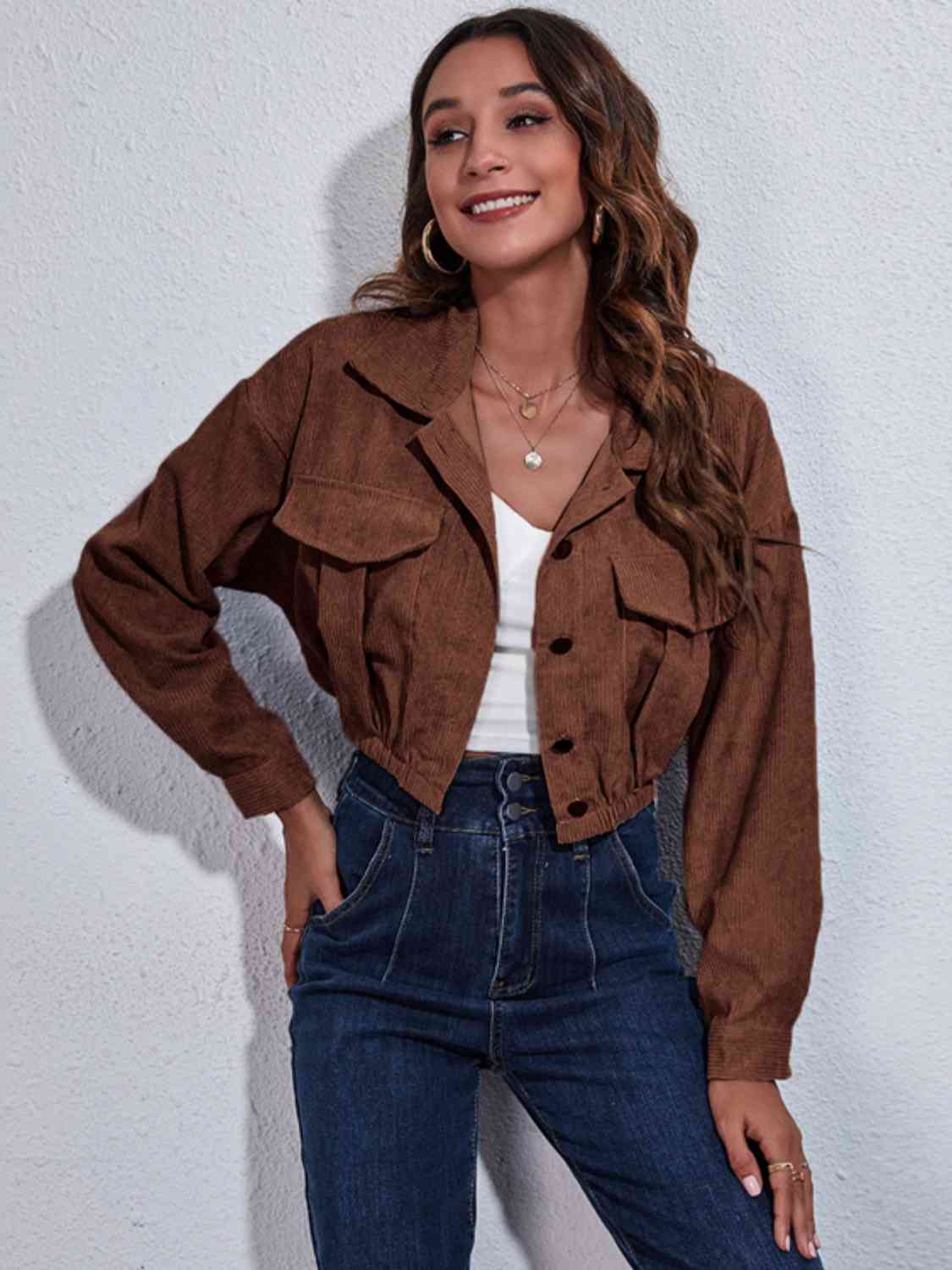 Collared Neck Dropped Shoulder Buttoned Jacket Bazaarbey