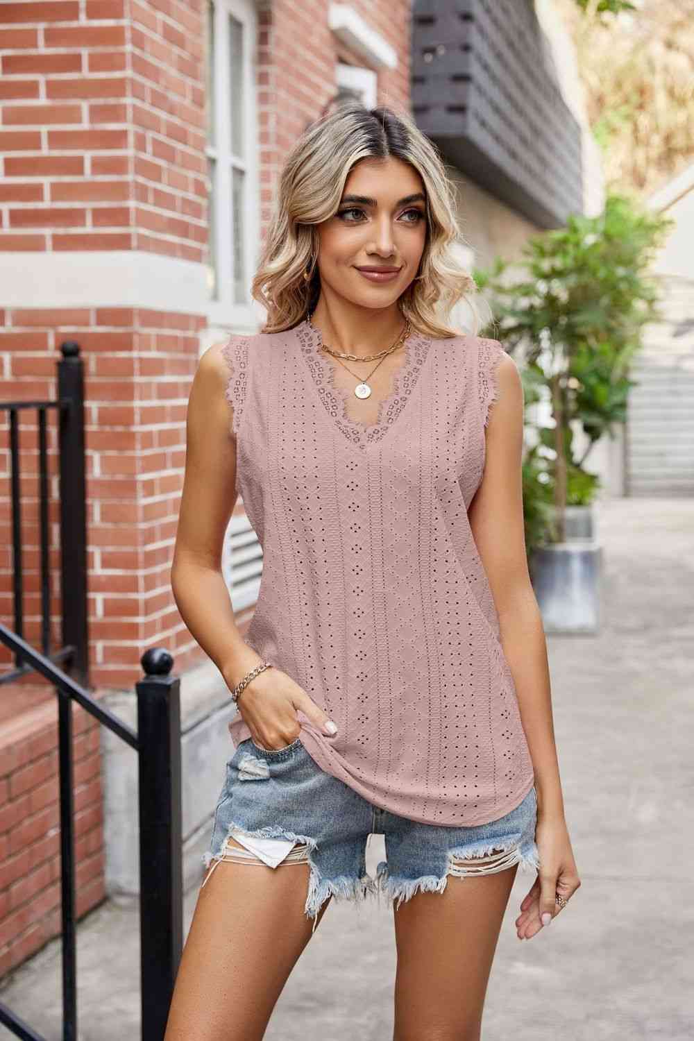  Lace Trim Eyelash V-Neck Tank Bazaarbey