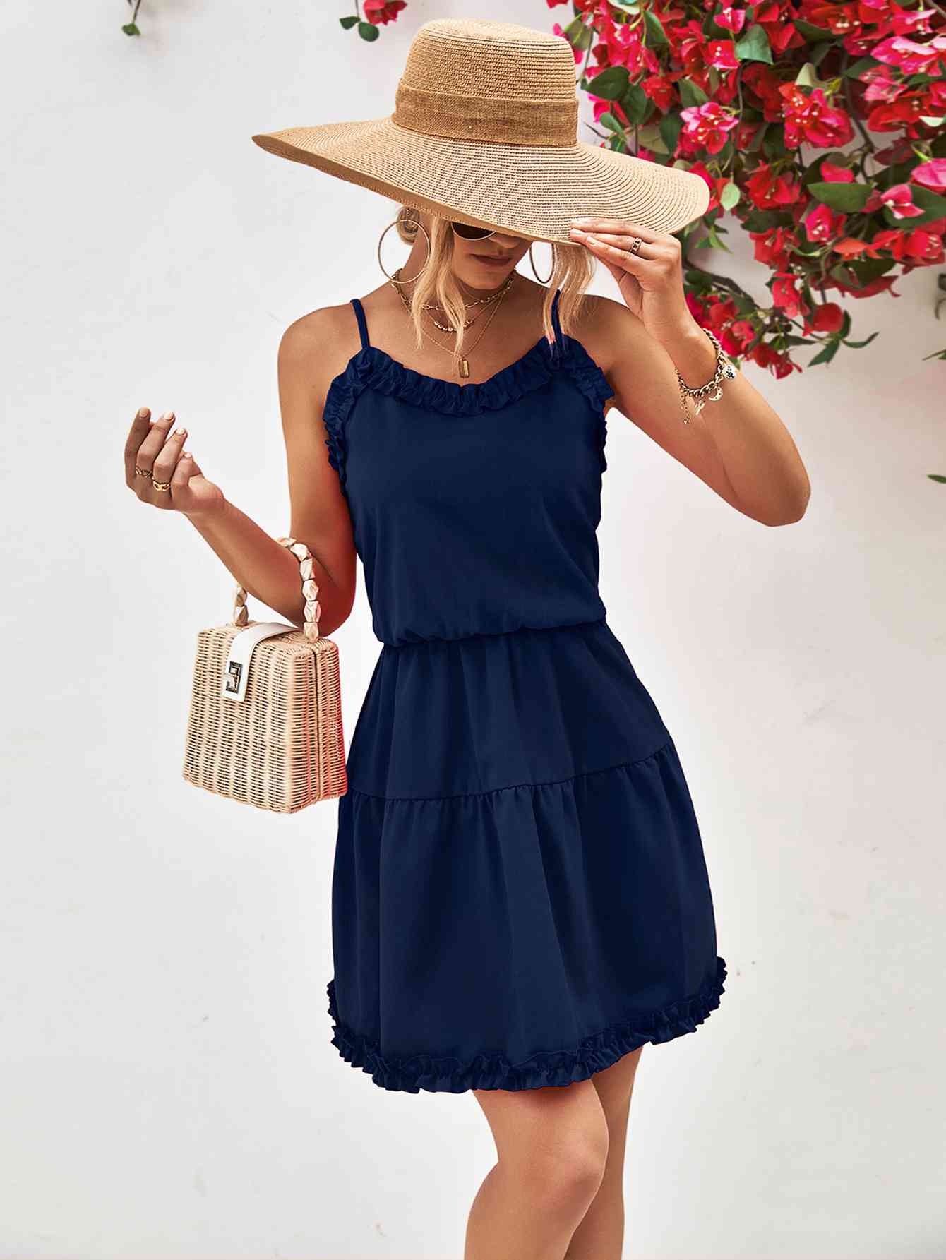 Frill Trim Spaghetti Strap Mini Dress -BazaarBey - www.shopbazaarbey.com