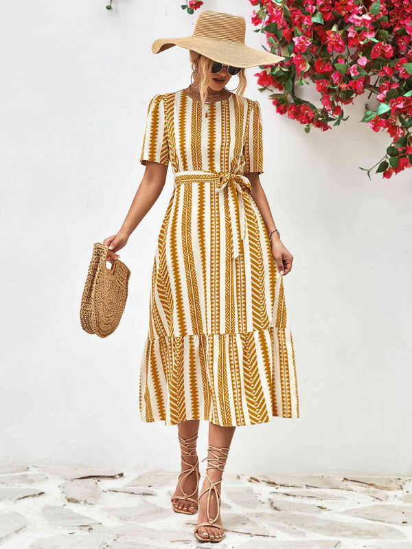 Striped Tie Belt Round Neck Puff Sleeve Dress -BazaarBey - www.shopbazaarbey.com
