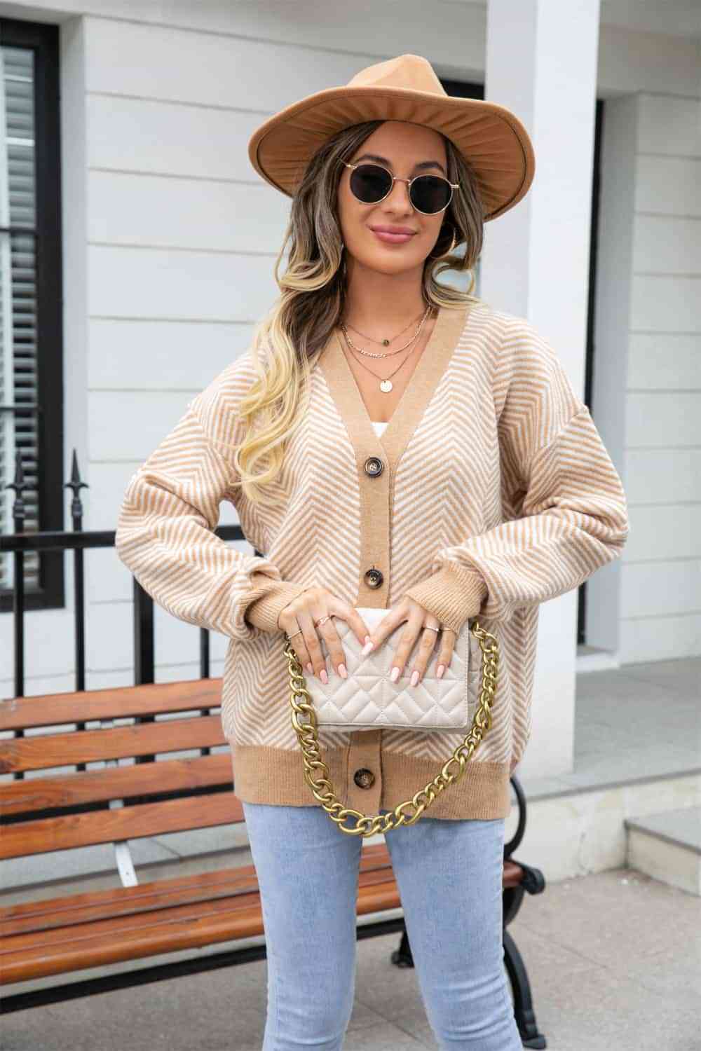 Striped V-Neck Dropped Shoulder Button-Up Cardigan Trendsi