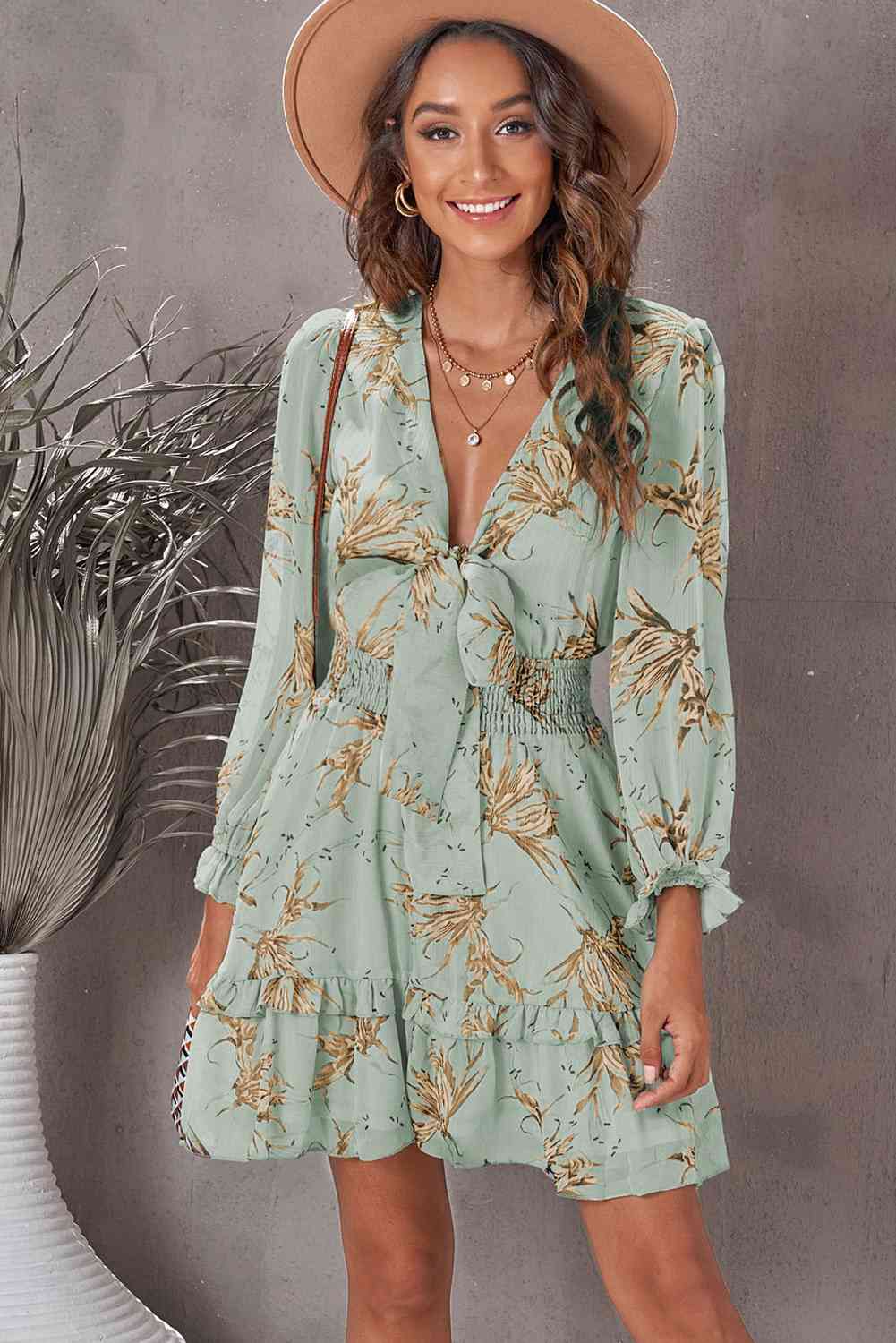 Floral Deep V Flounce Sleeve Mini Dress -BazaarBey - www.shopbazaarbey.com