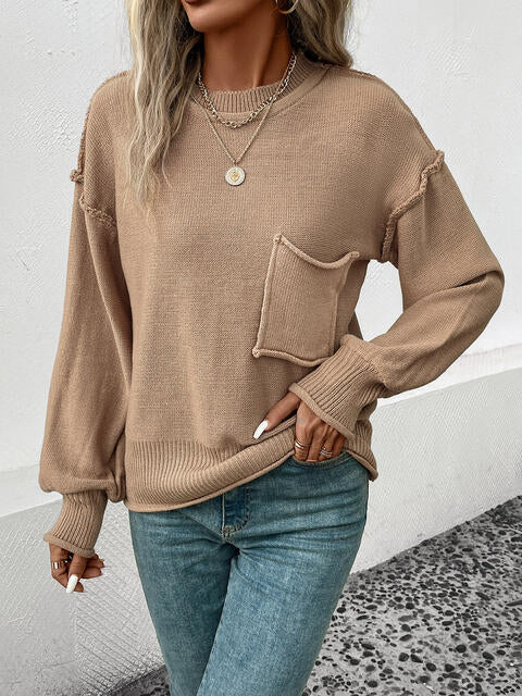 Exposed Seam Round Neck Sweater Bazaarbey