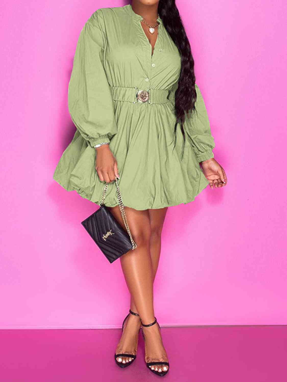 Notched Button Up Balloon Sleeves Dress -BazaarBey - www.shopbazaarbey.com