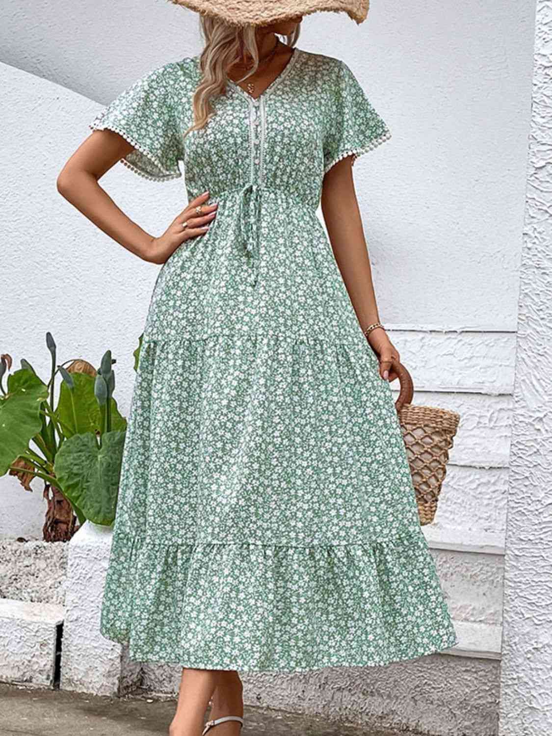  Floral V-Neck Tiered Dress -BazaarBey - www.shopbazaarbey.com