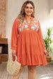 Plus Size Notched Neck Printed Long Sleeve Mini Dress -BazaarBey - www.shopbazaarbey.com