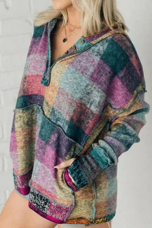Multicolor Brushed Plaid Buttoned Pullover Oversized Hoodie Bazaarbey
