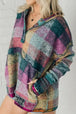 Multicolor Brushed Plaid Buttoned Pullover Oversized Hoodie Bazaarbey