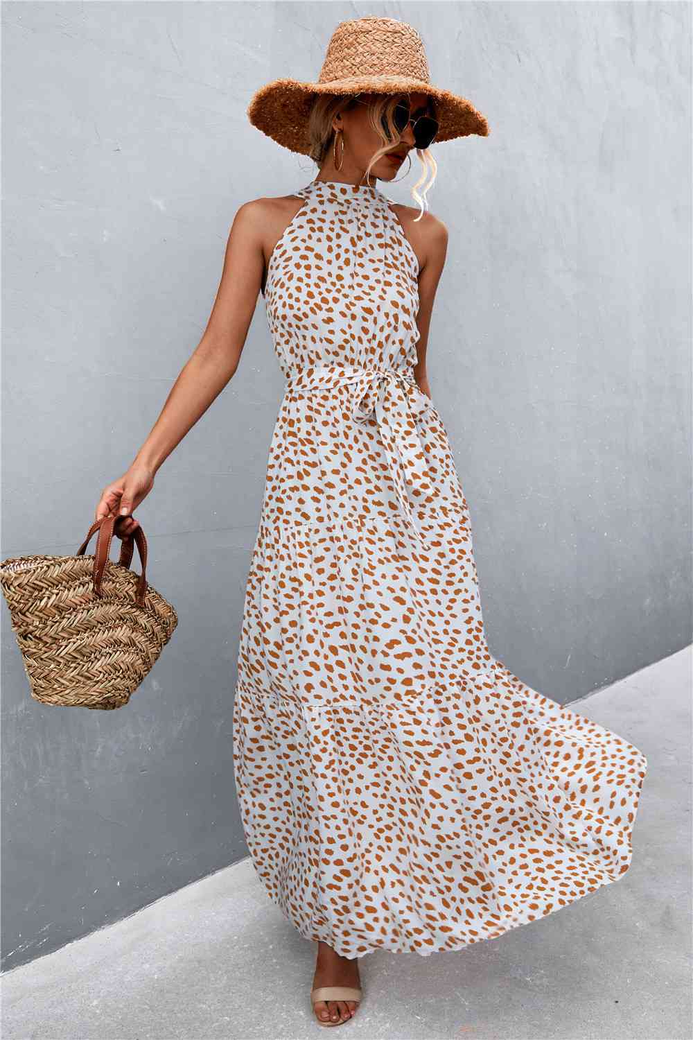 Printed Sleeveless Tie Waist Maxi Dress Bazaarbey