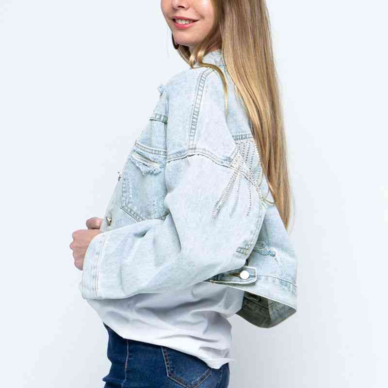 Cropped Collared Neck Dropped Shoulder Denim Jacket Bazaarbey