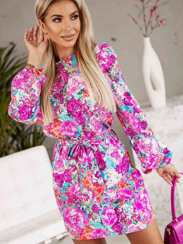 Floral Print Round Neck Long Sleeve Dress -BazaarBey - www.shopbazaarbey.com
