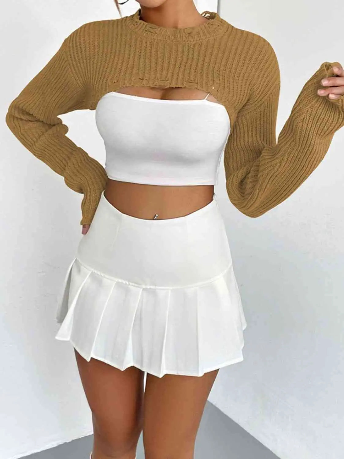 Distressed Long Sleeve Cropped Sweater Trendsi