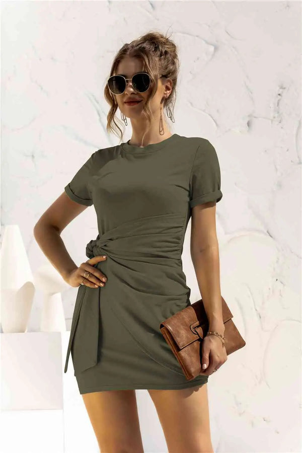 Round Neck Cuffed Sleeve Side Tie Dress -BazaarBey - www.shopbazaarbey.com