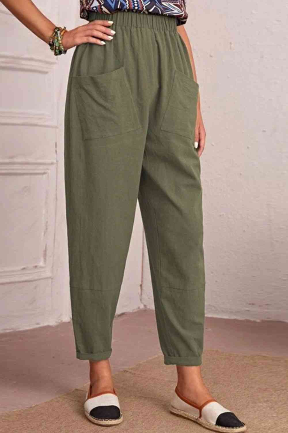 Elastic Waist Pocket Tapered Pants Bazaarbey