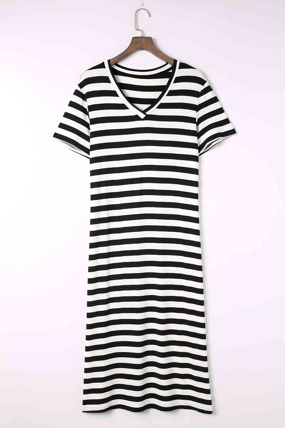 Striped V-Neck Short Sleeve Side Slit Dress -BazaarBey - www.shopbazaarbey.com