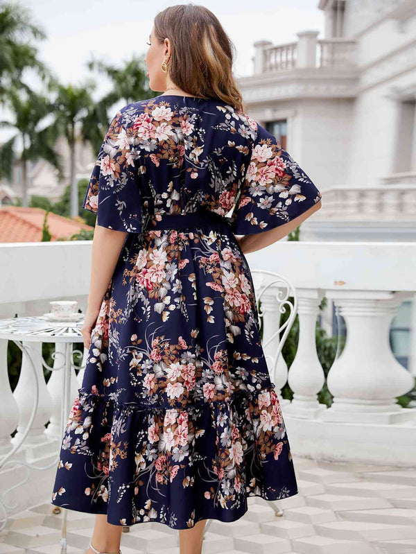 Plus Size Floral  Neck Midi Dress -BazaarBey - www.shopbazaarbey.com