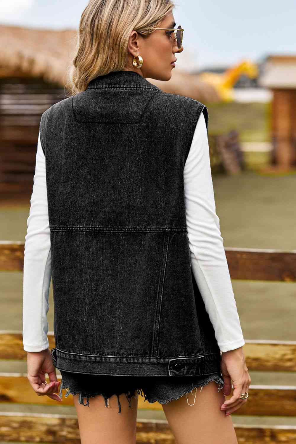 Sleeveless Collared Neck Denim Top with Pockets Bazaarbey