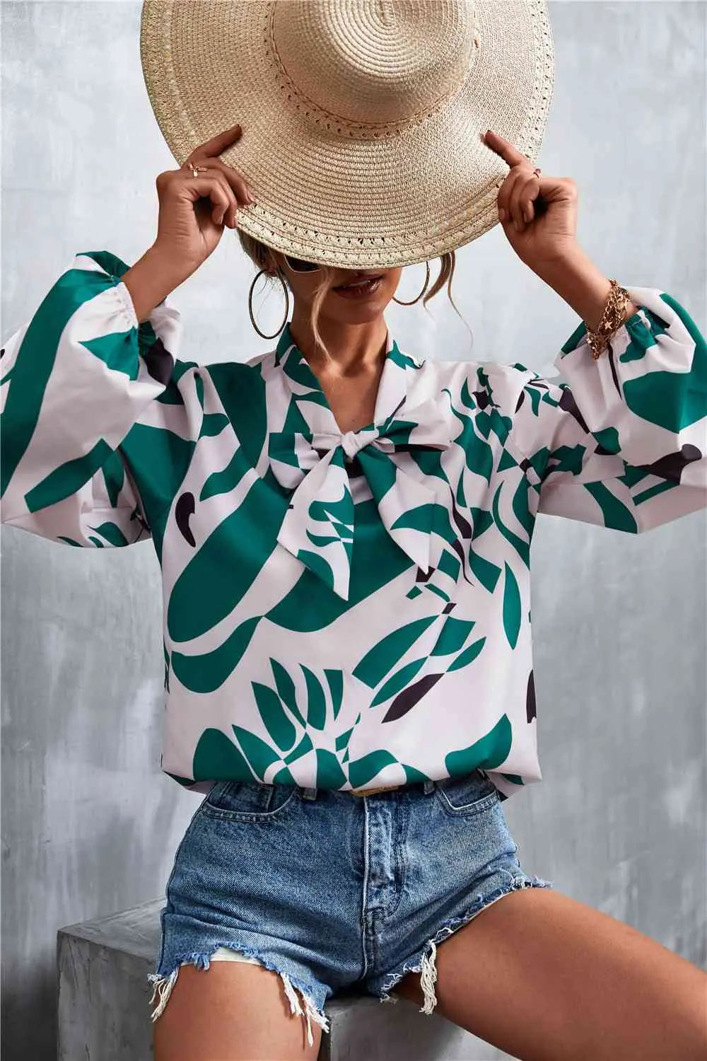 Printed Tie Neck Puff Sleeve Blouse Bazaarbey