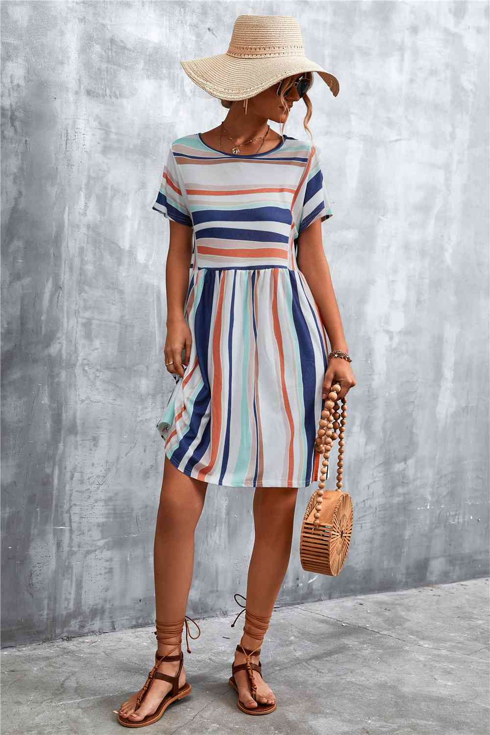 Striped Round Neck Dress -BazaarBey - www.shopbazaarbey.com