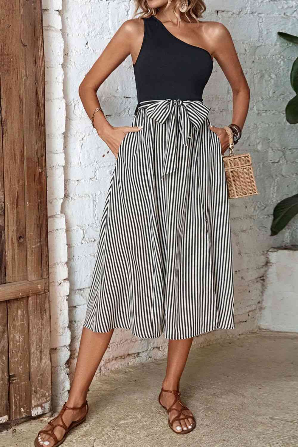 Striped One-Shoulder Slit Dress Bazaarbey