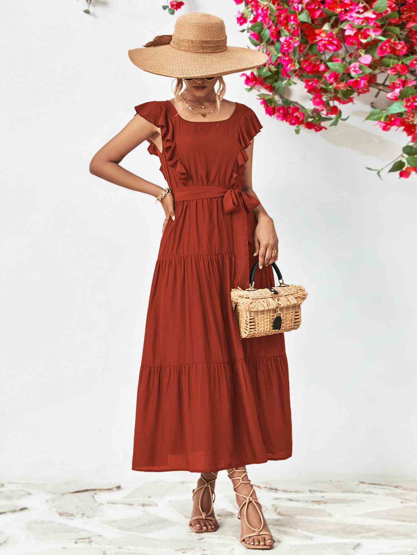 Tie Belt Ruffled Tiered Dress -BazaarBey - www.shopbazaarbey.com