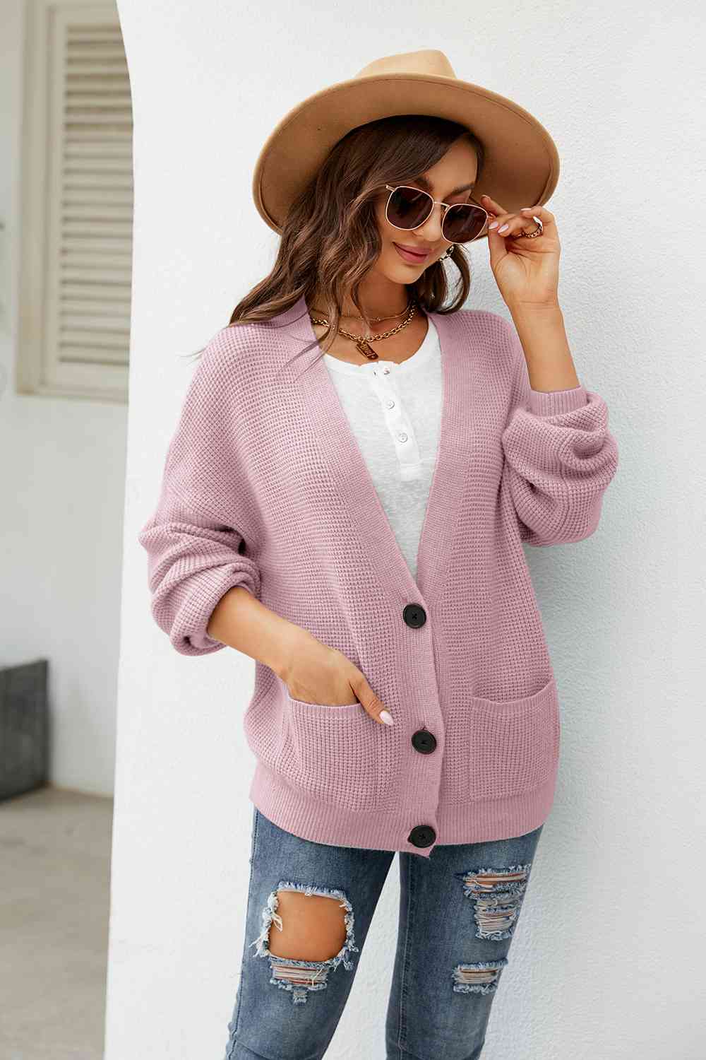 Button Up Drop Shoulder Long Sleeve Cardigan Trendsi