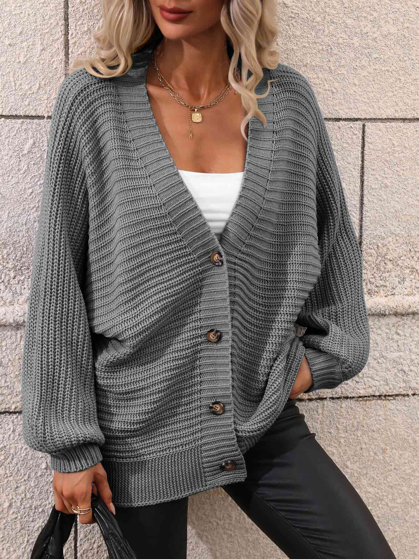  Button Down Horizontal-Ribbing  Cardigan Trendsi