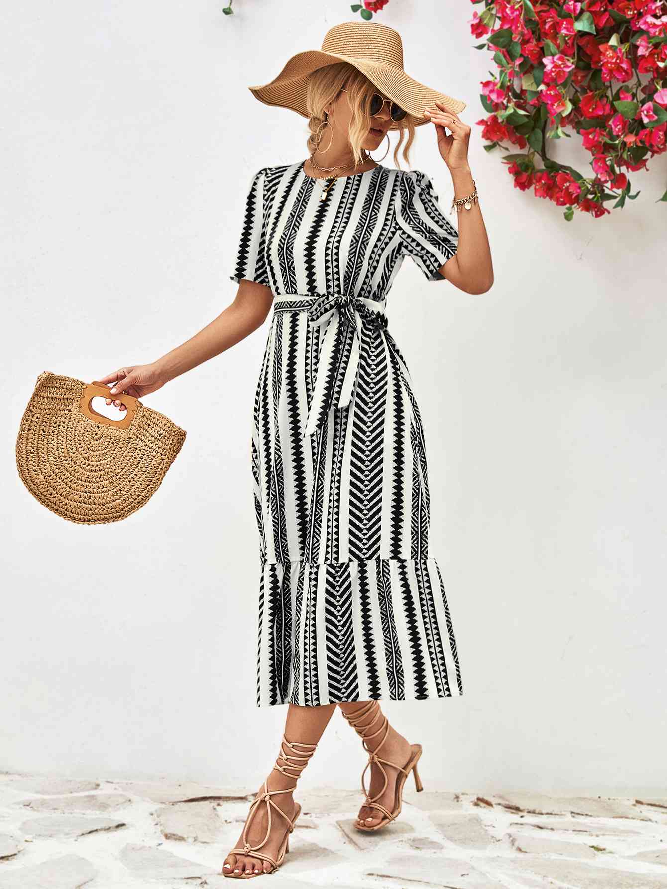 Striped Tie Belt Round Neck Puff Sleeve Dress -BazaarBey - www.shopbazaarbey.com