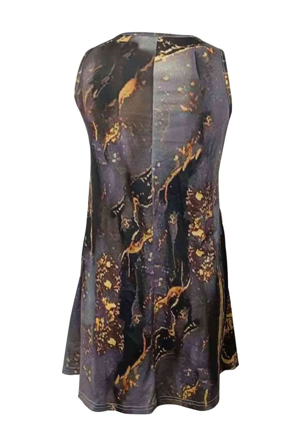 Abstract Print Round Neck Sleeveless Dress with Pockets -BazaarBey - www.shopbazaarbey.com