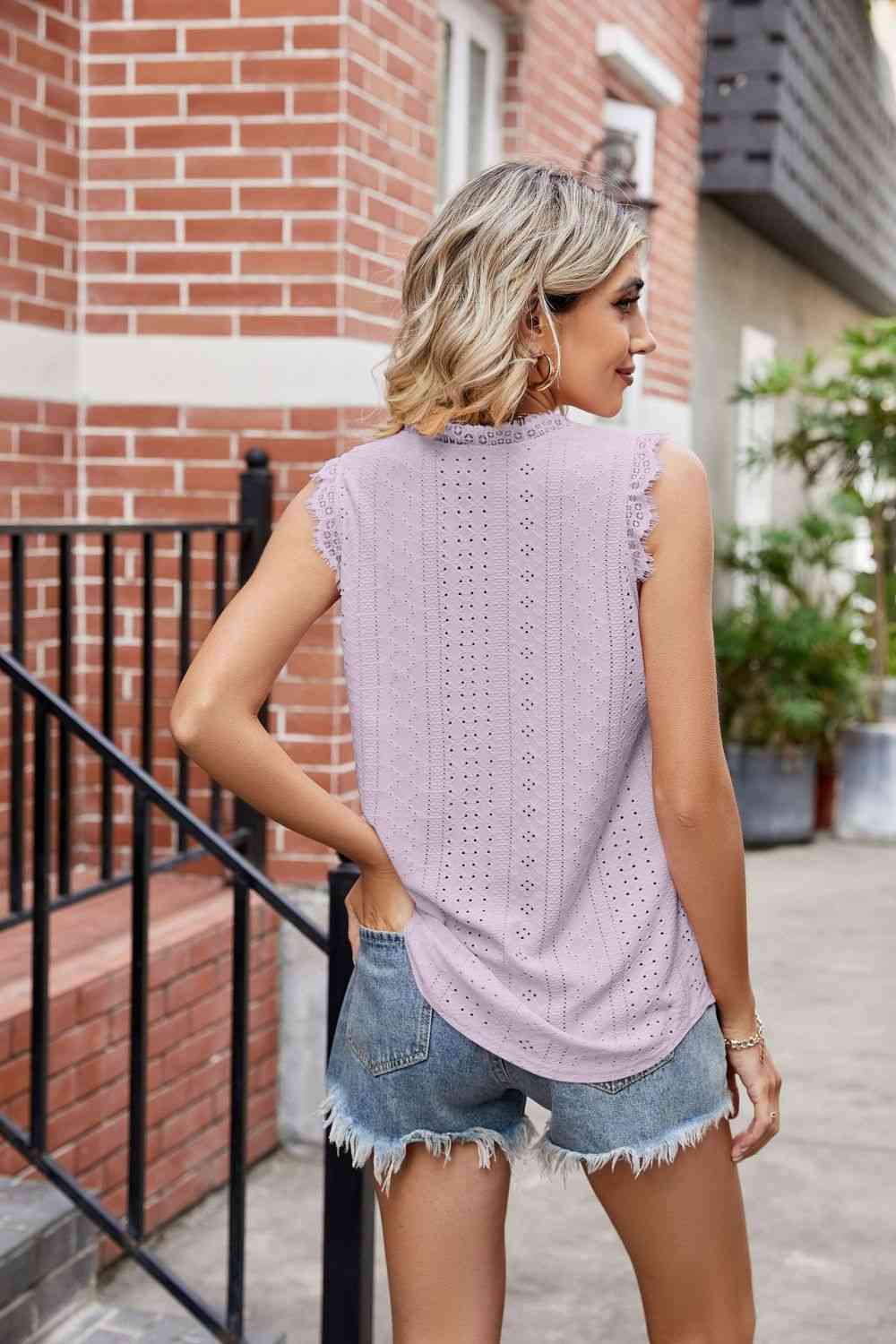  Lace Trim Eyelash V-Neck Tank Bazaarbey