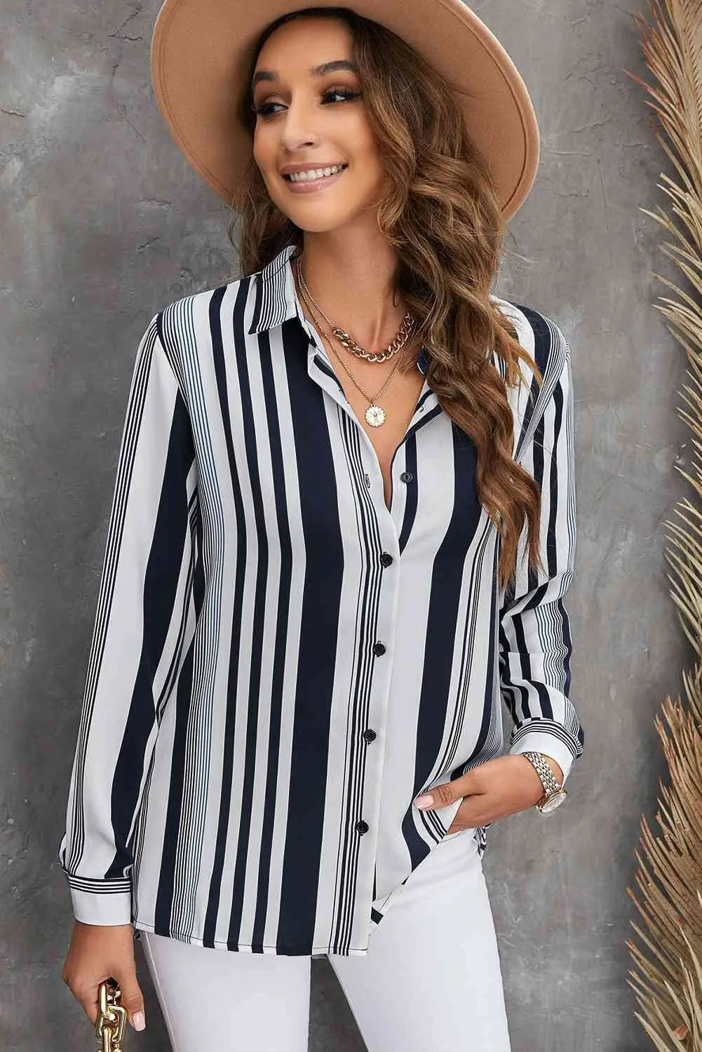 Striped Button-Down Long Sleeve Shirt Bazaarbey