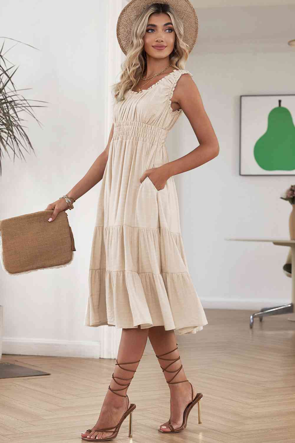 Smocked Waist Sleeveless Tiered Dress with Pockets -BazaarBey - www.shopbazaarbey.com