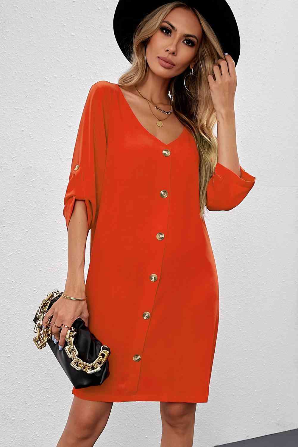 Buttoned V-Neck Dress -BazaarBey - www.shopbazaarbey.com