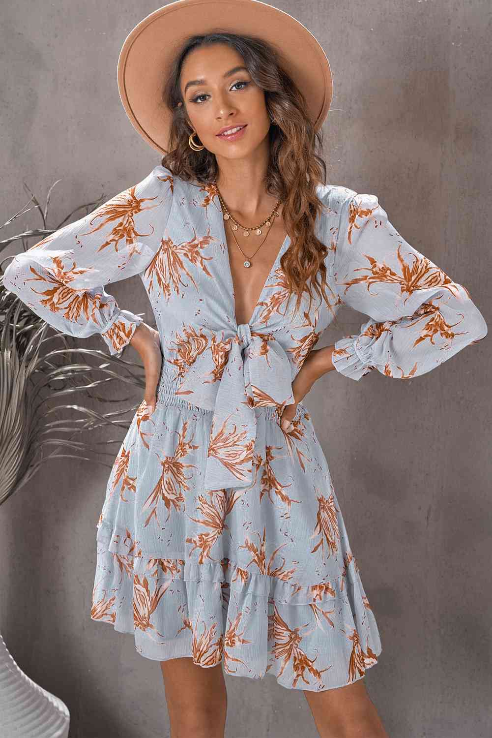 Floral Deep V Flounce Sleeve Mini Dress -BazaarBey - www.shopbazaarbey.com