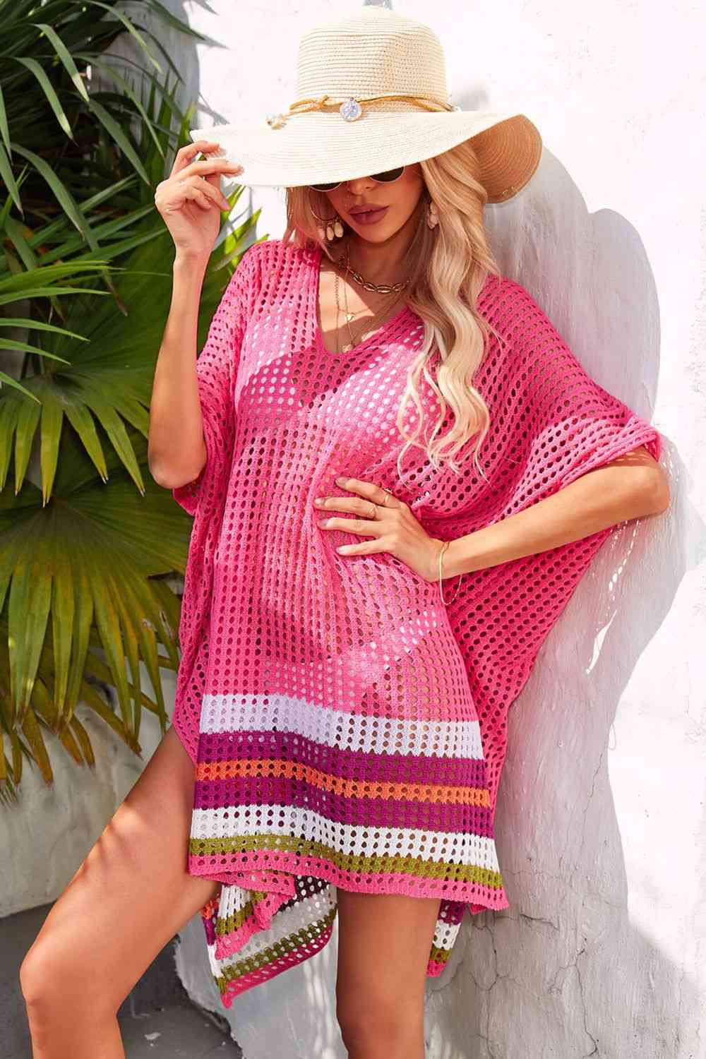Rainbow Stripe Openwork Slit Cover-Up Bazaarbey