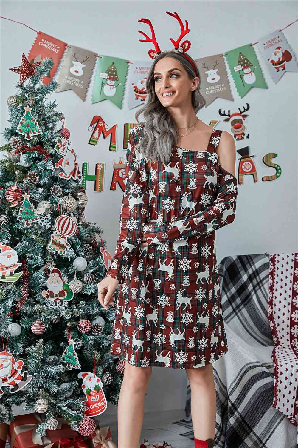 Christmas Asymmetrical Neck Long Sleeve Dress -BazaarBey - www.shopbazaarbey.com