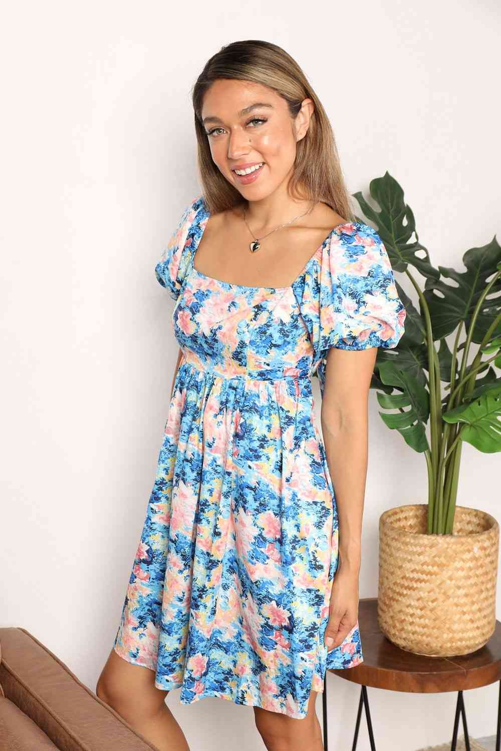  Floral Square Neck Puff Sleeve Dress -BazaarBey - www.shopbazaarbey.com