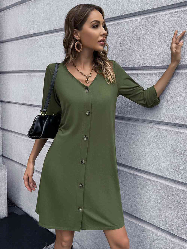 Button Down V-Neck Mini Dress -BazaarBey - www.shopbazaarbey.com