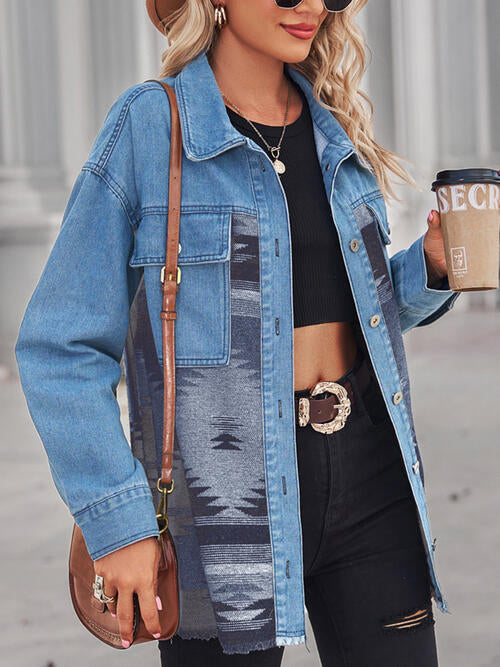 Geometric Raw Hem Button Up Denim Jacket Bazaarbey